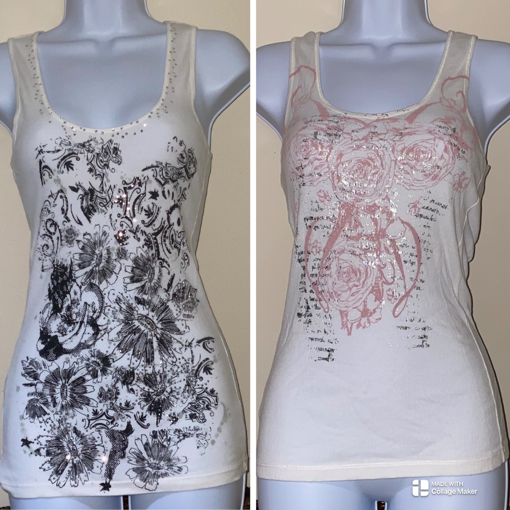 2 white cotton tank top bundle floral pink bling top rhinestone graphic tee